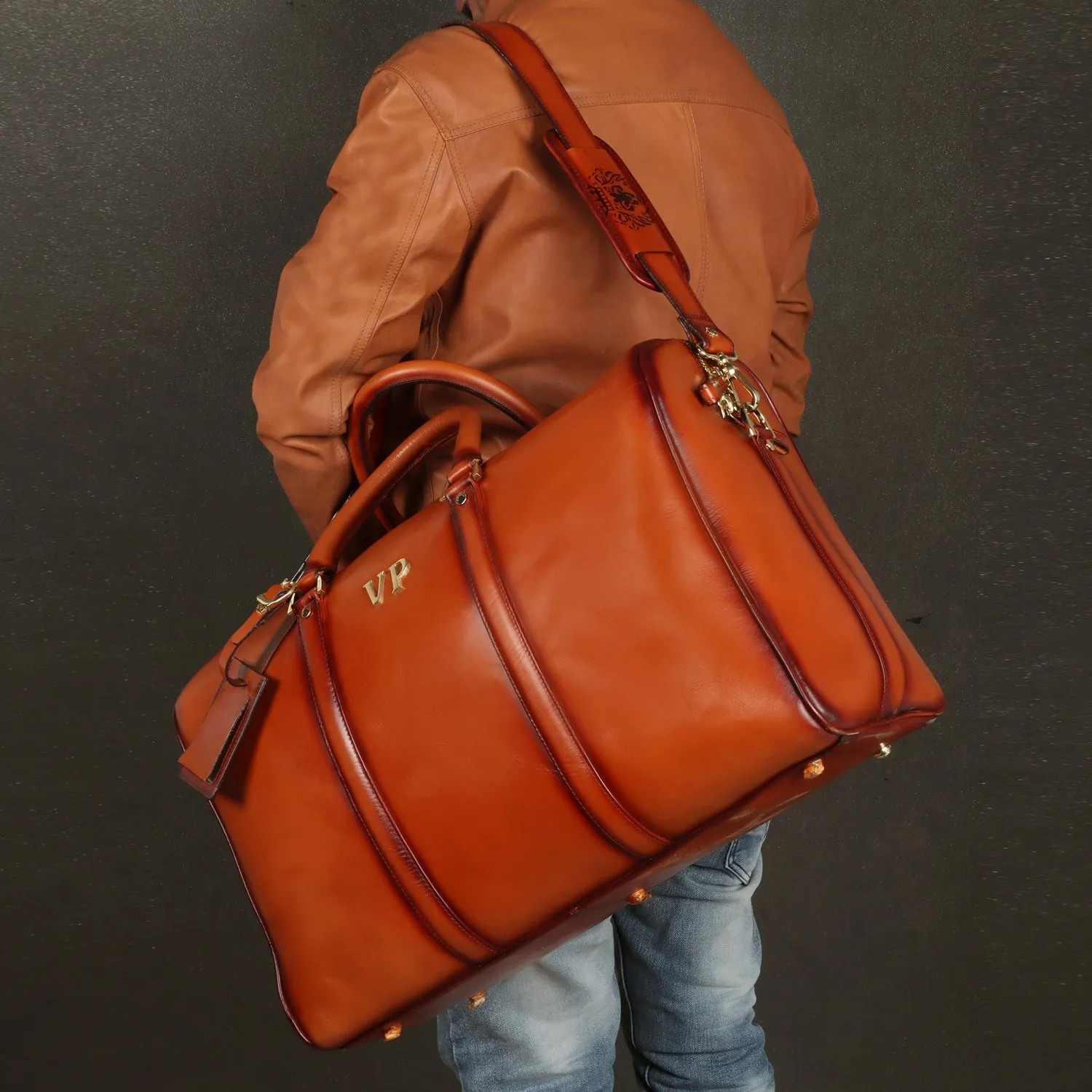 Customized 'VP' Metal Initial Handmade Tan Leather Duffle Bag With Bag Tag By Brune & Bareskin