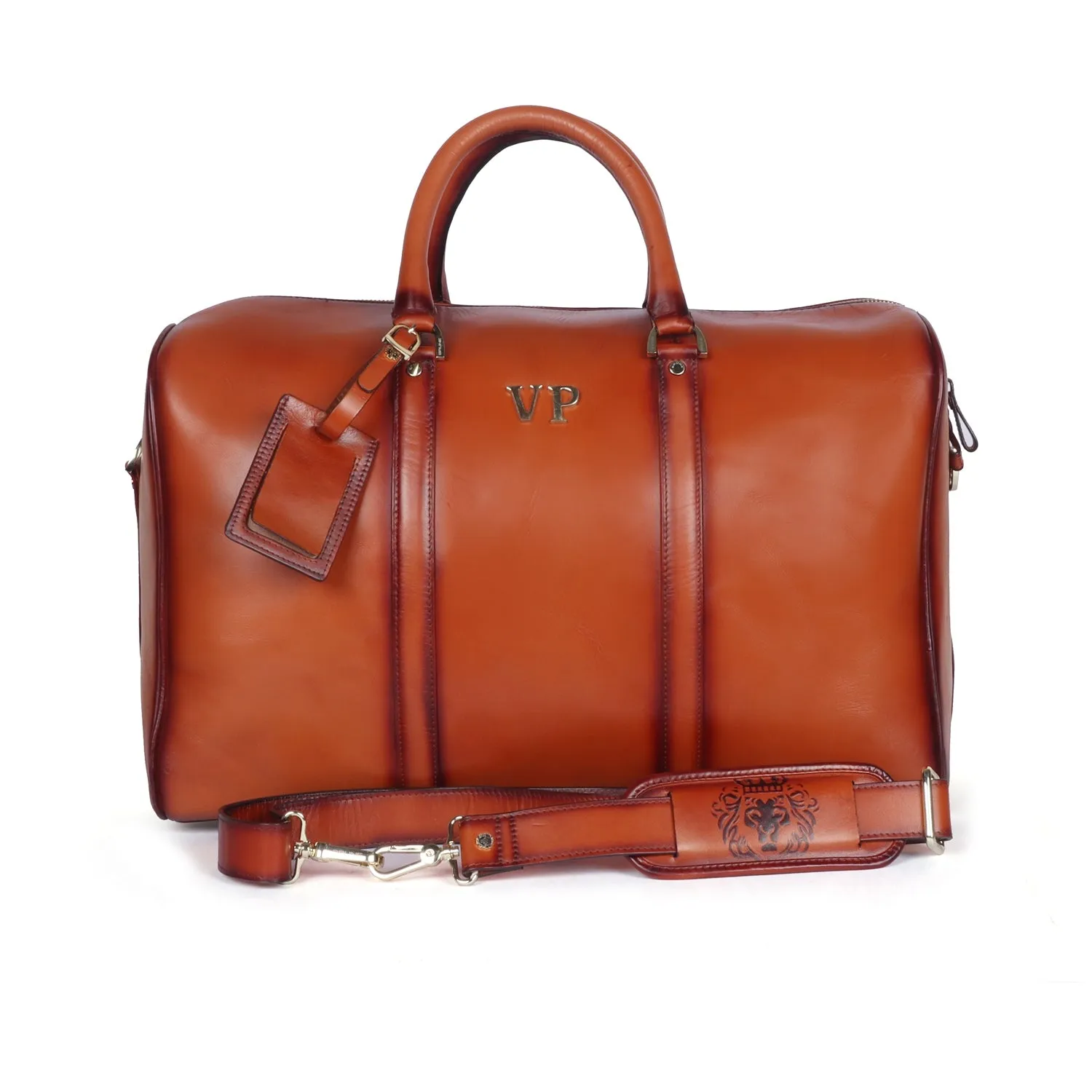 Customized 'VP' Metal Initial Handmade Tan Leather Duffle Bag With Bag Tag By Brune & Bareskin