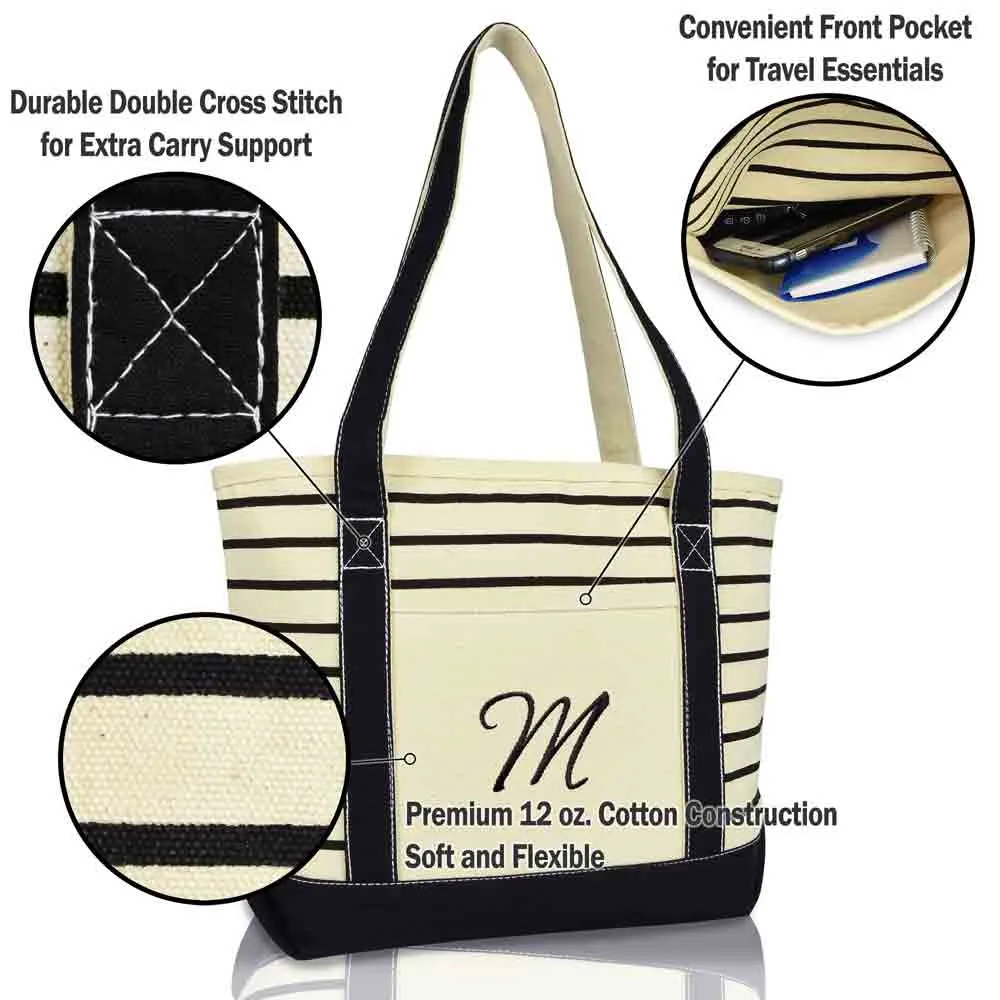 Dalix Striped M-Initial Tote Bag Womens Ballent Letter M