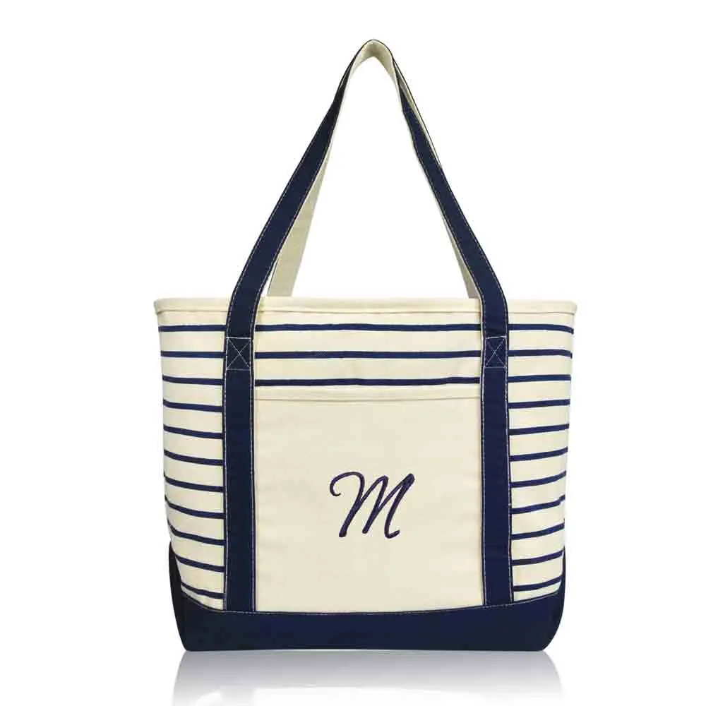 Dalix Striped M-Initial Tote Bag Womens Ballent Letter M