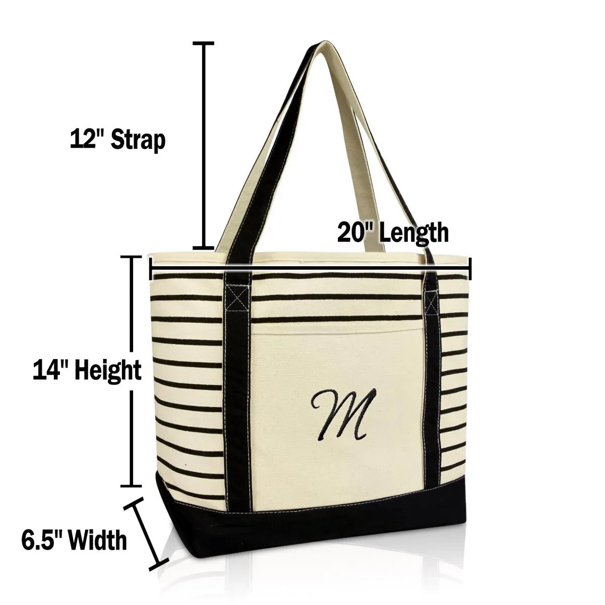 Dalix Striped M-Initial Tote Bag Womens Ballent Letter M