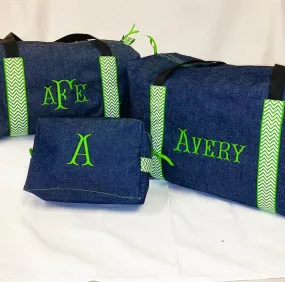 Denim with Green Chevron Toiletry Bag