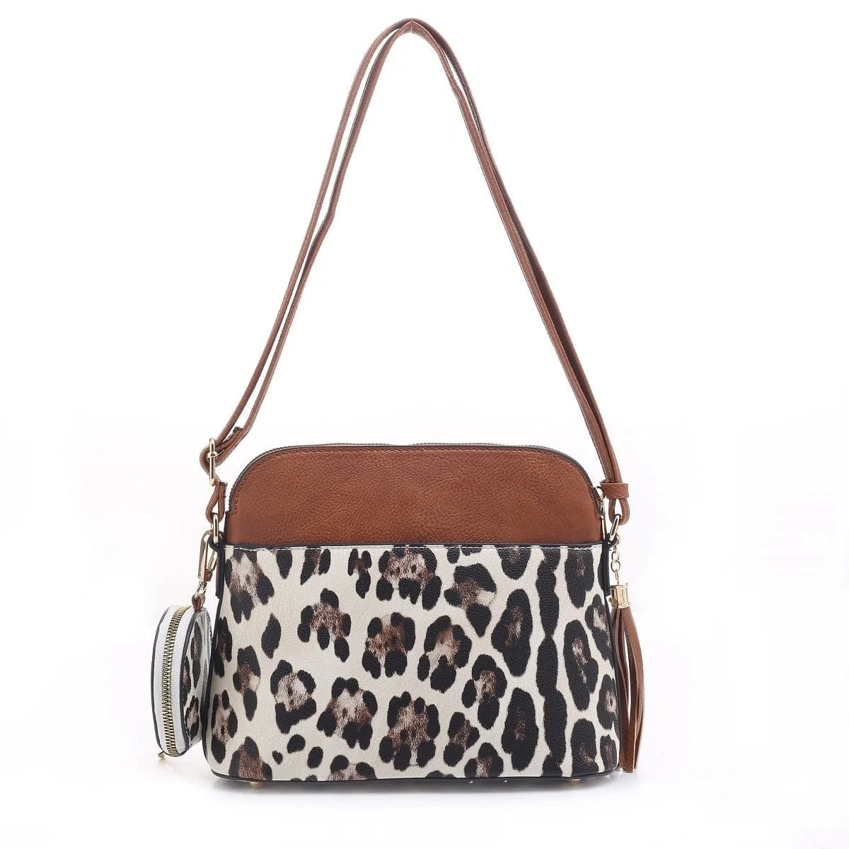 DS95314L2-6 Snow Leopard Front Pocket Dome Crossbody w/ Earbud Case