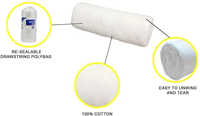 Dukal White Cotton Roll. Roll of Non-sterile Cotton for Wound Care. Soft and Absorbent, 100% Cotton. Re-sealable Drawstring polybag. White, Single use