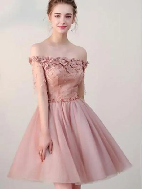 Dusty Pink Off Shoulder Short Sleeves Cheap Homecoming Dresses 2018, BDY0292