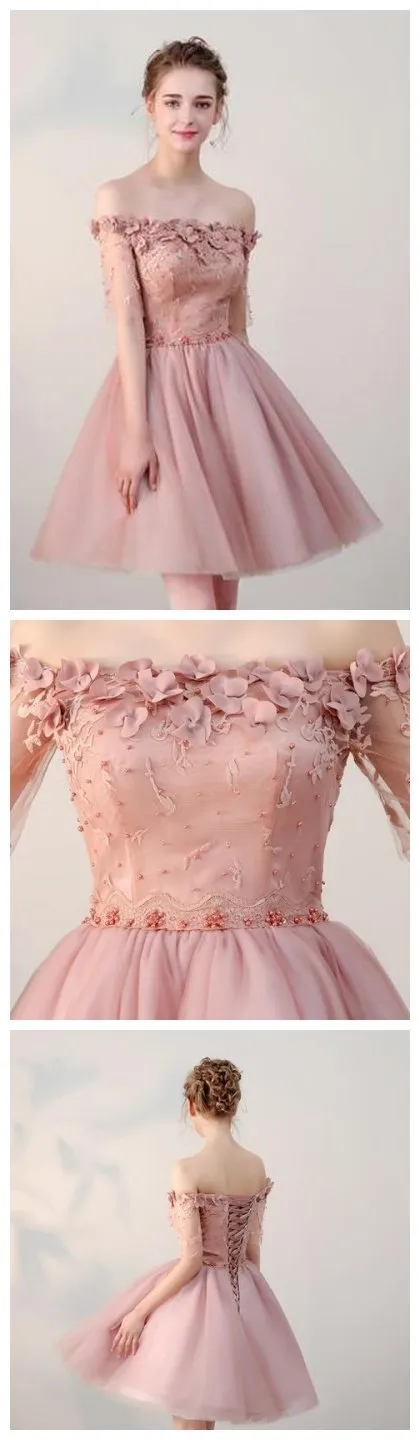 Dusty Pink Off Shoulder Short Sleeves Cheap Homecoming Dresses 2018, BDY0292