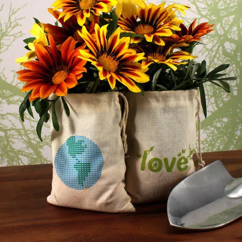 Eco Organic Cotton Drawstring Favor Bag Green LOVE Print