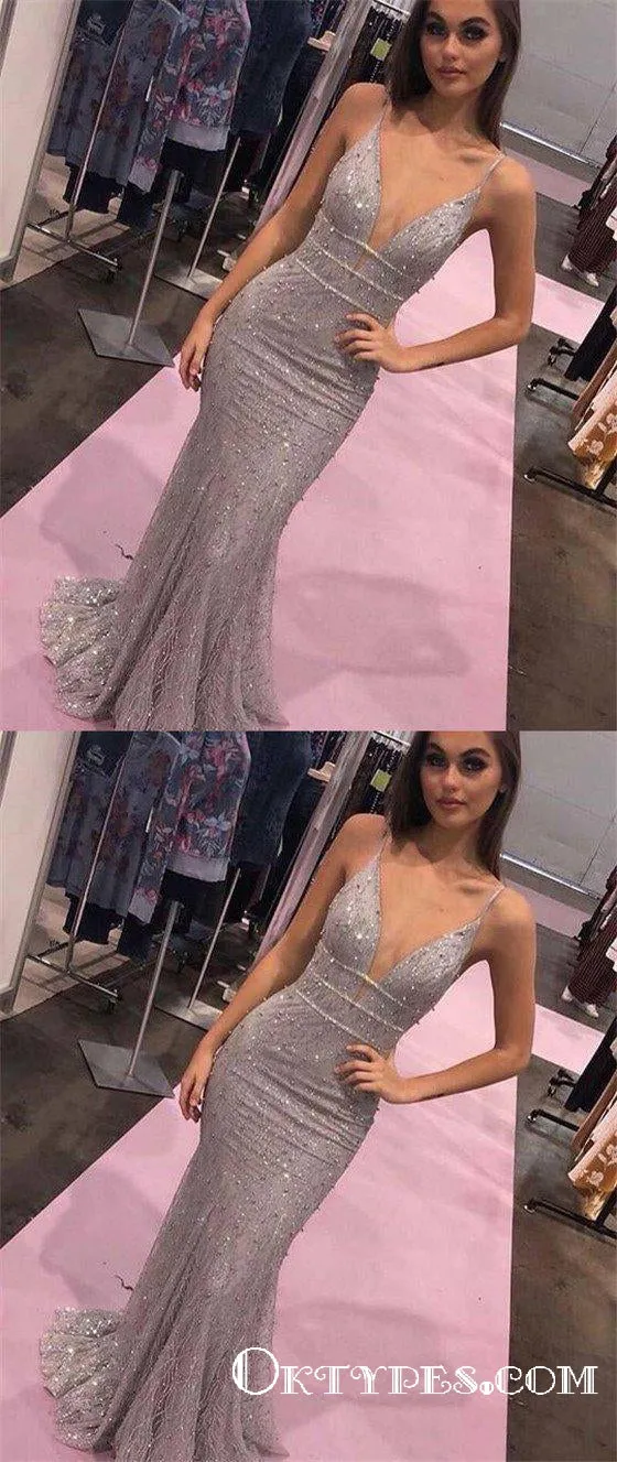 Elegant Deep V Neck Long Cheap Mermaid Prom Dresses With Beaded, TYP1846