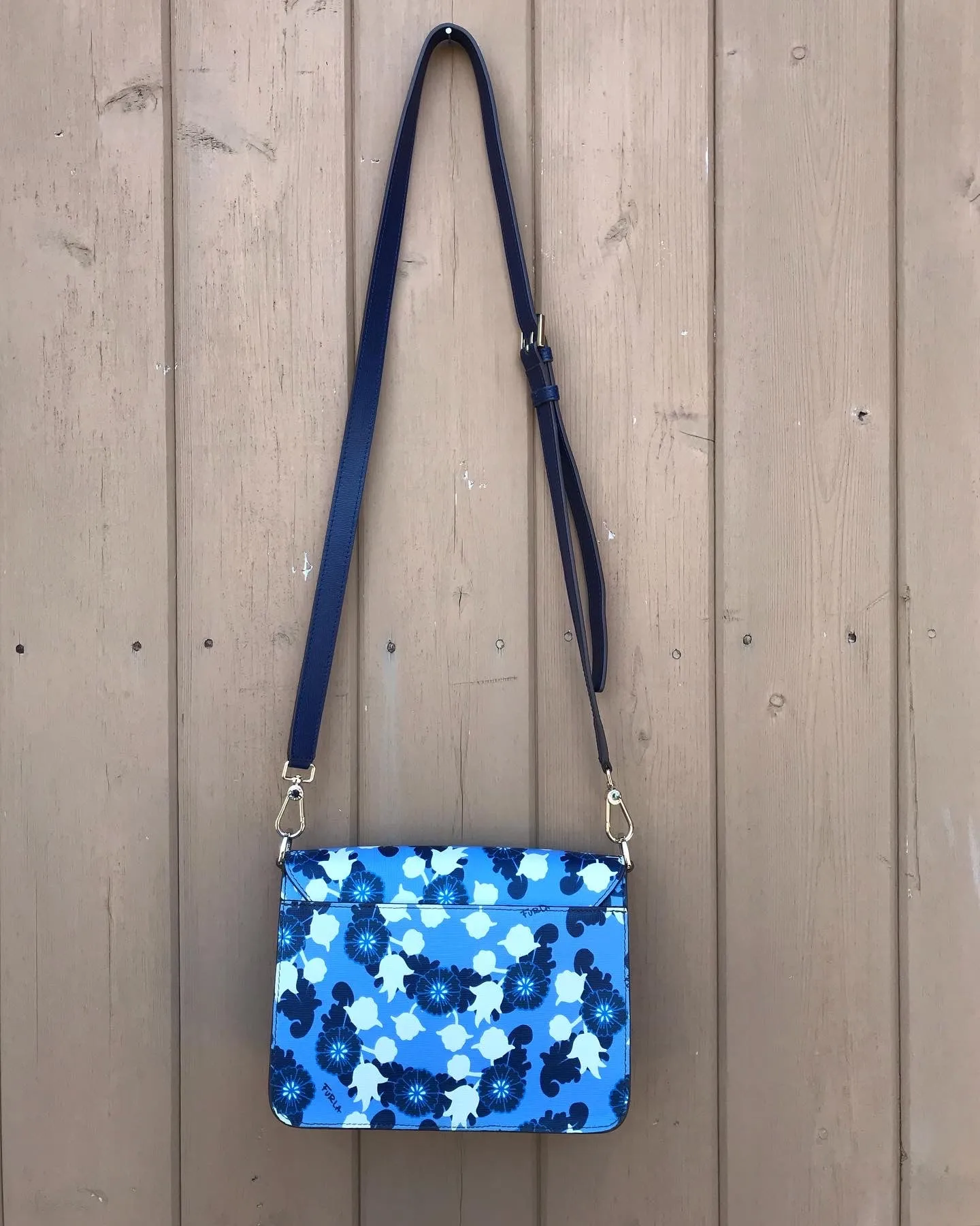 FURLA Blue White Floral Print Leather Crossbody Bag