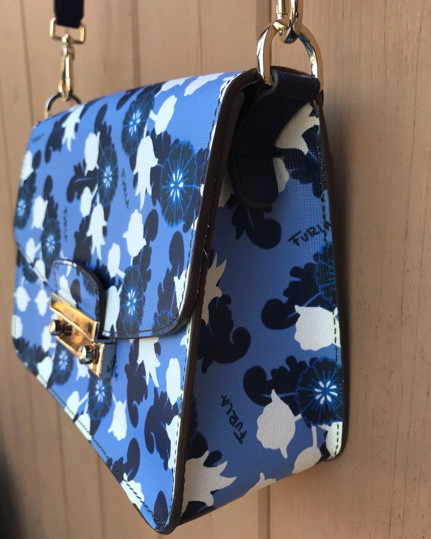 FURLA Blue White Floral Print Leather Crossbody Bag