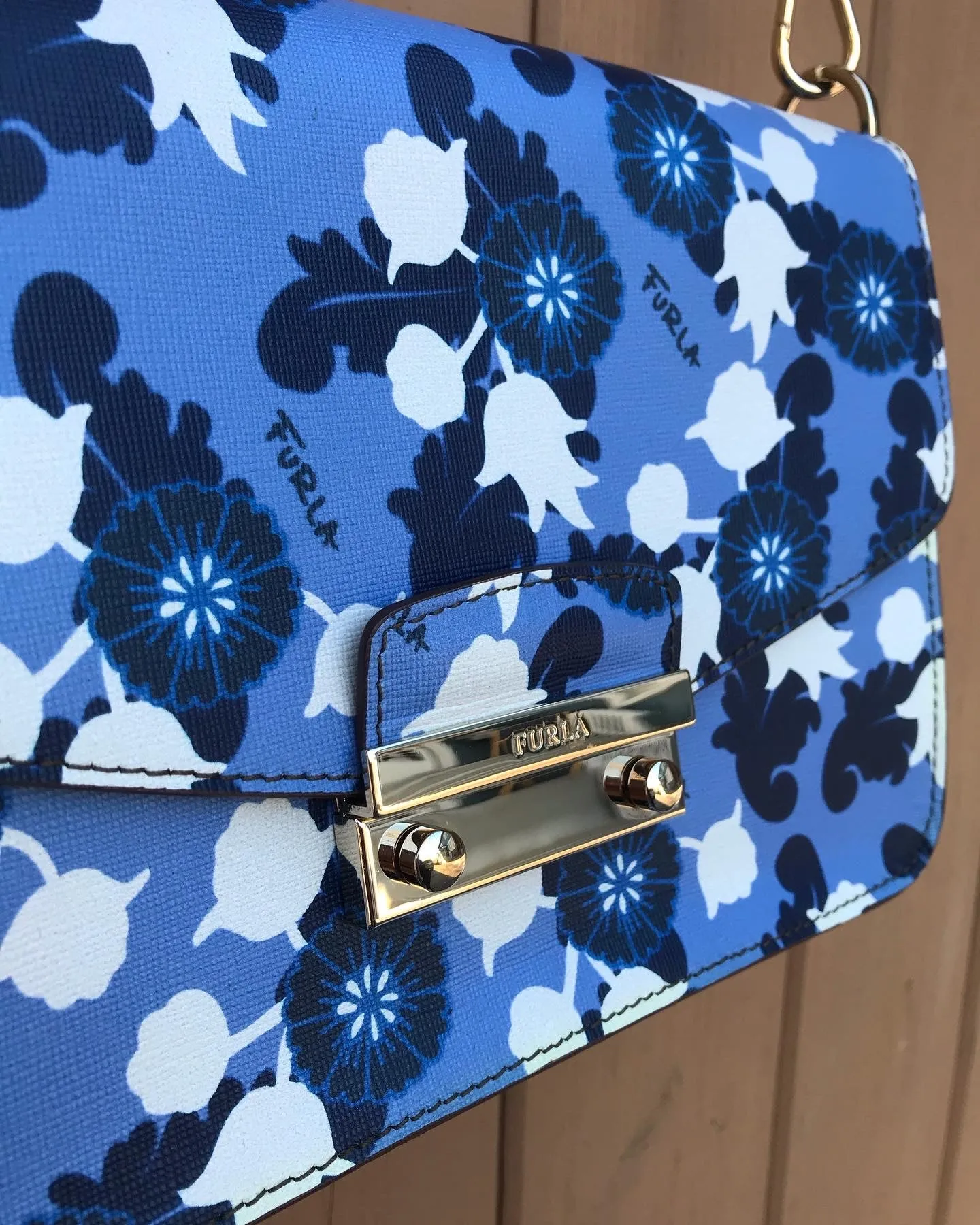 FURLA Blue White Floral Print Leather Crossbody Bag