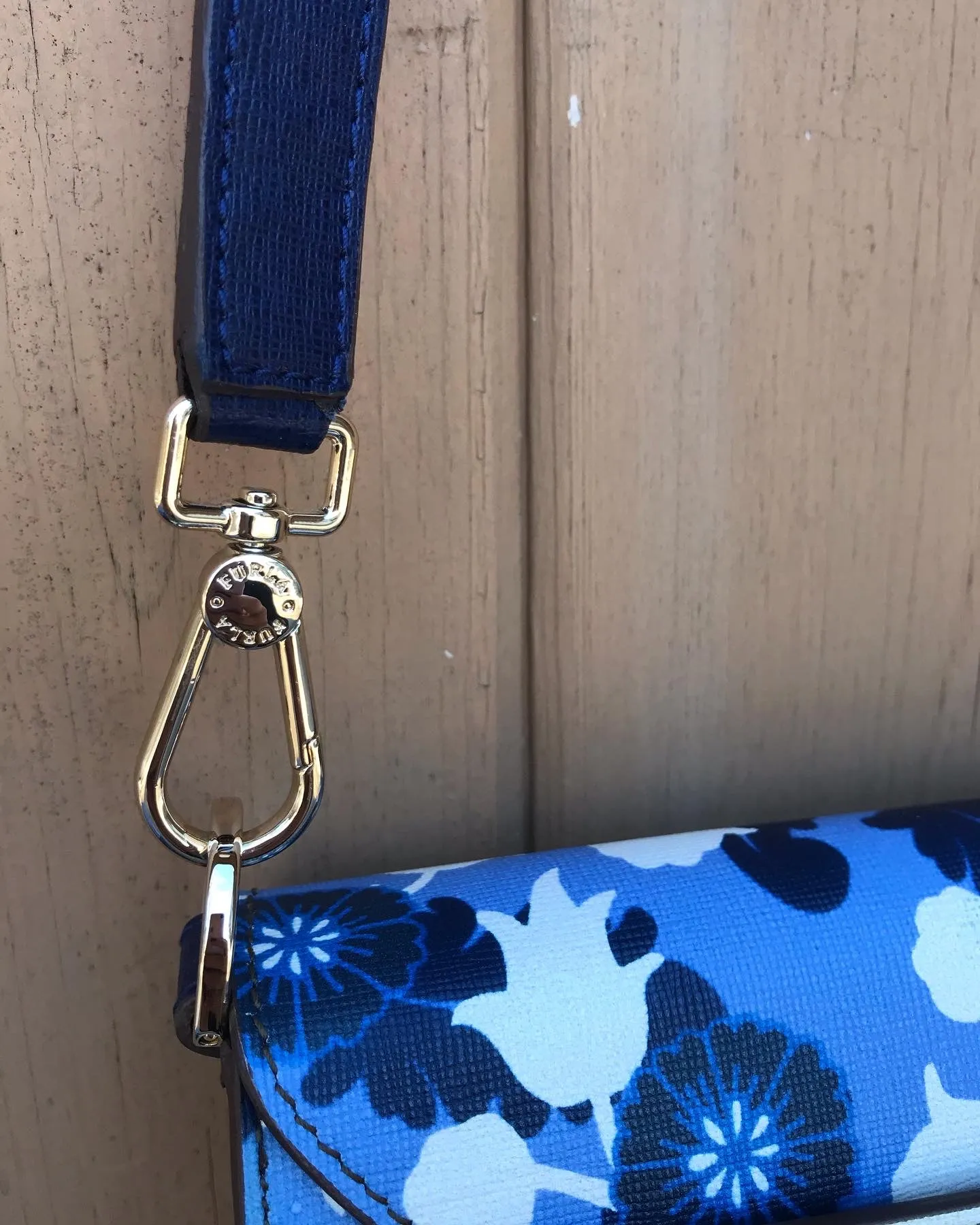 FURLA Blue White Floral Print Leather Crossbody Bag