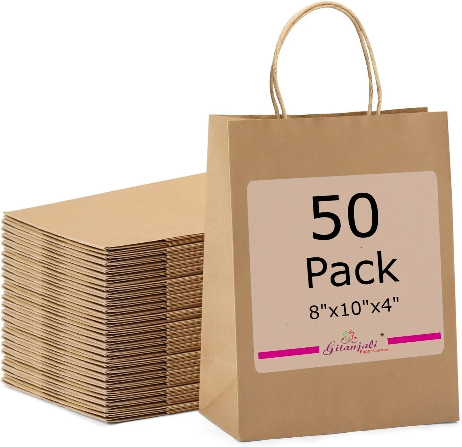 Gitanjali Paper Curves® -Kraft Paper Bags 8"x10"x4"(Brown) 50 pcs -Small Shopping Merchandise Retail Paper Carry Bags, Craft Paper Gift Bags - Disposable Recycled Eco Friendly Paper Bags (50 pcs)