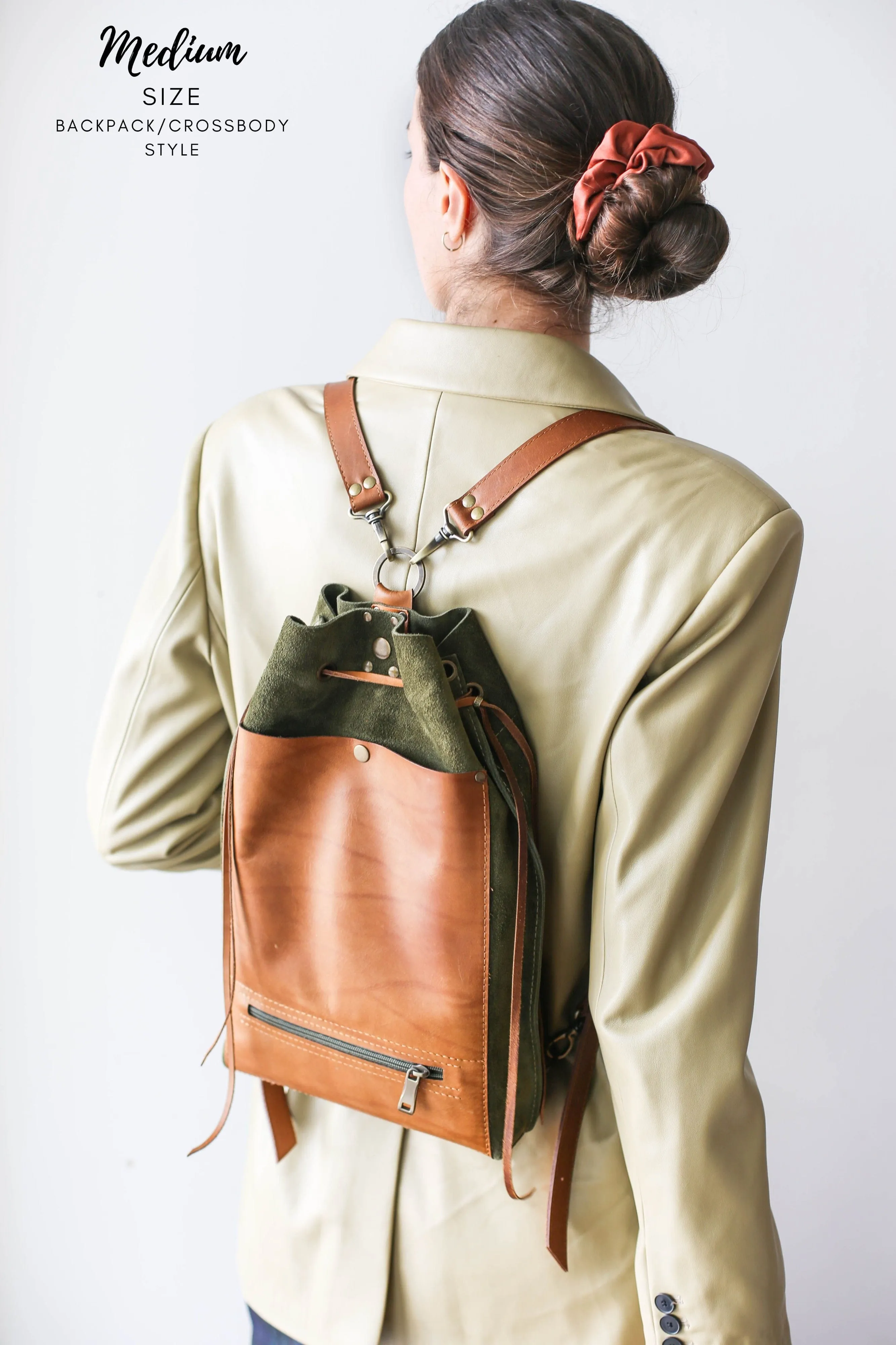 Green Suede Leather Backpack Purse