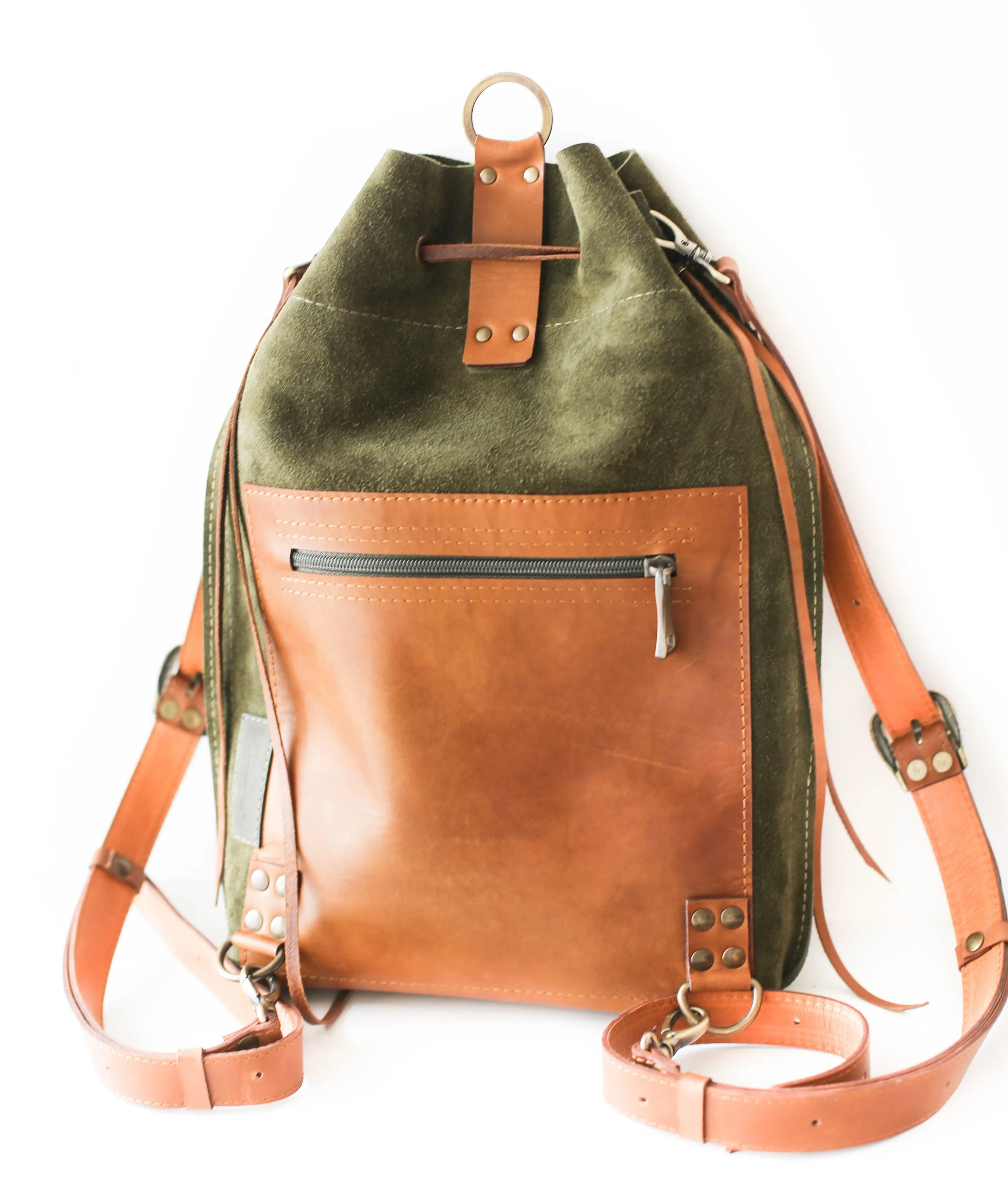 Green Suede Leather Backpack Purse