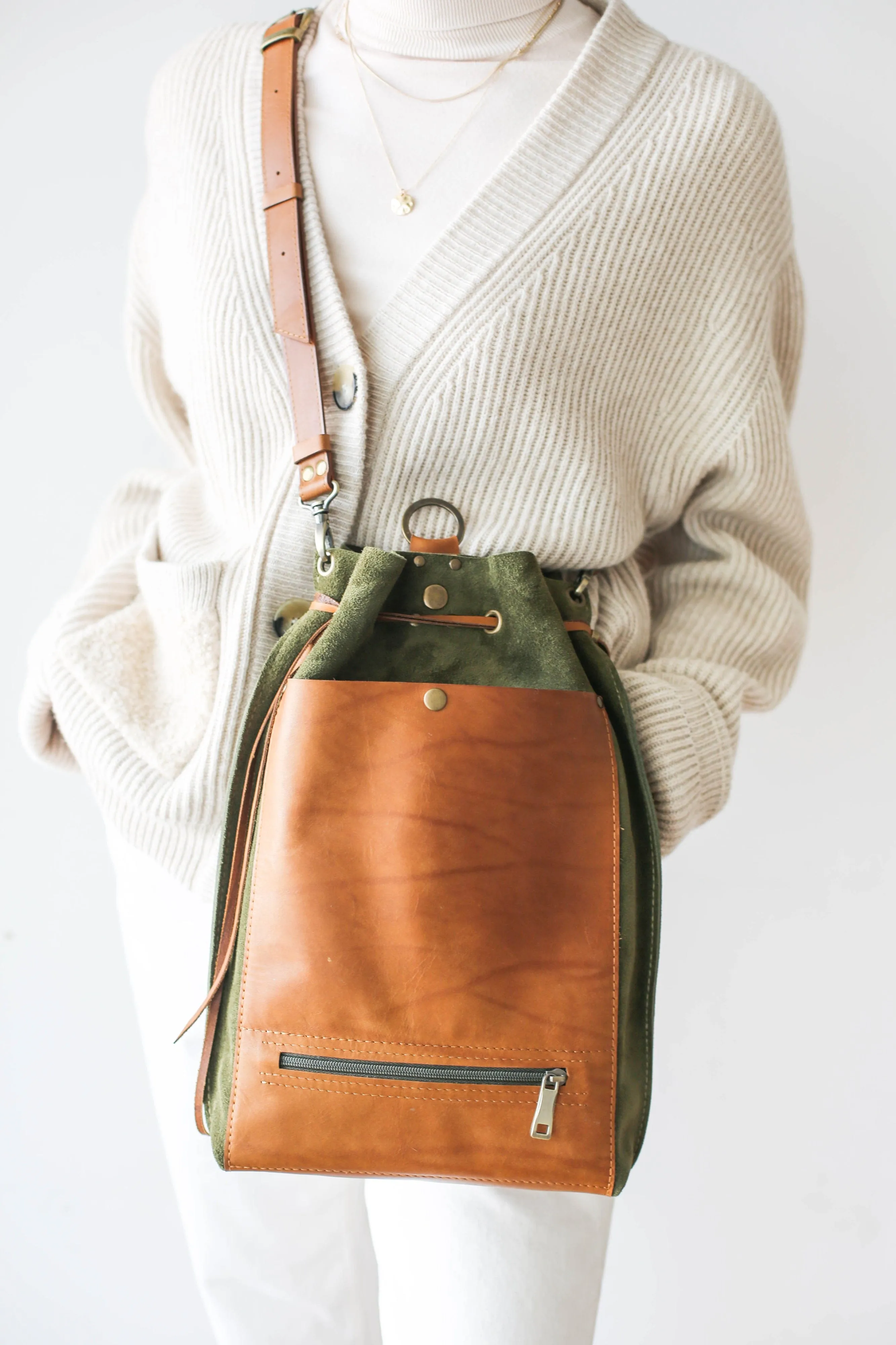 Green Suede Leather Backpack Purse