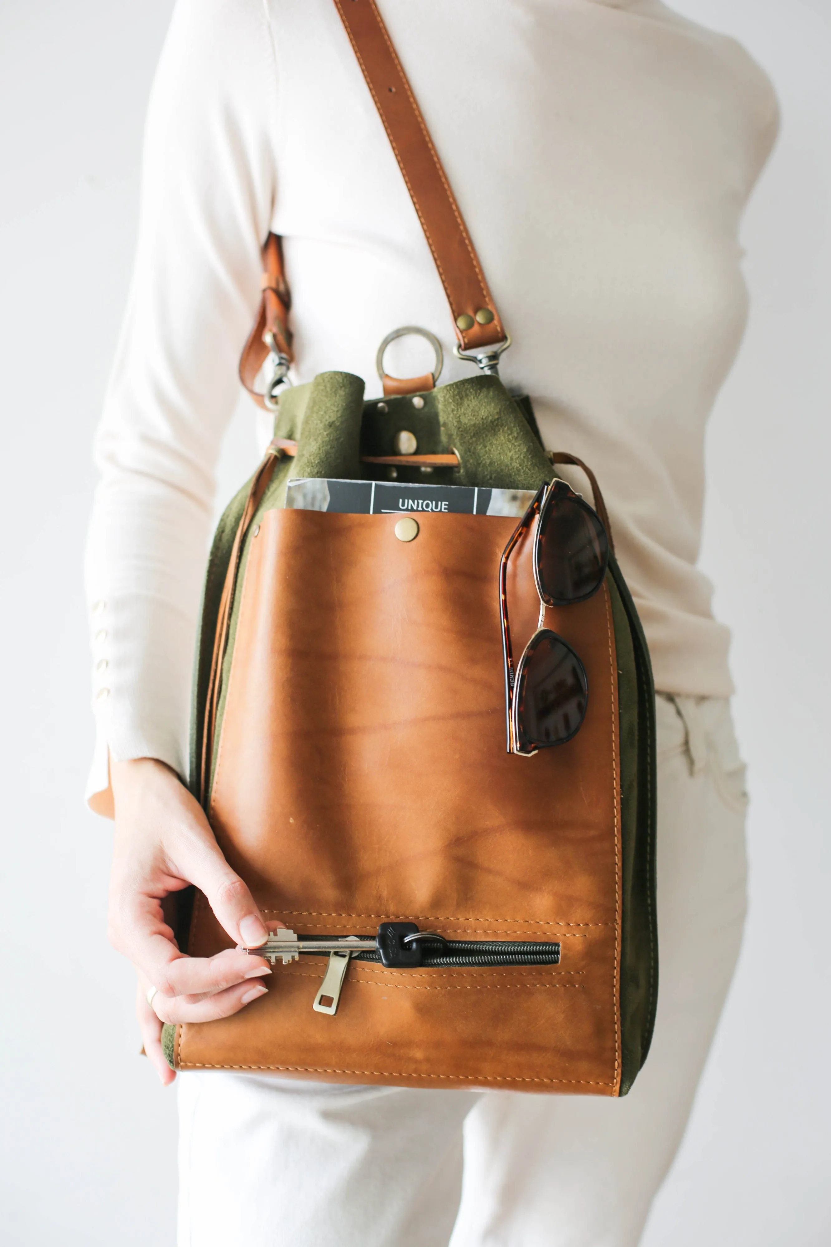 Green Suede Leather Backpack Purse