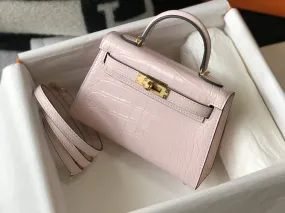 HM Mini Kelly 19 Embossed Patent Pink Matte Bag With Gold-Toned Harware For Women, Handbags, Shoulder Bags 7.5in/19cm