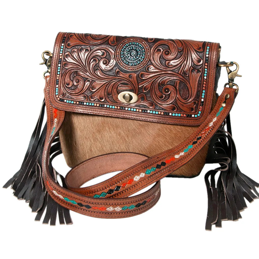 KBK104 - KBK104 -CROSS BODY Hand Tooled Saddle Leather with Cowhide Leather Ladies Bag KBK104 - KBK1