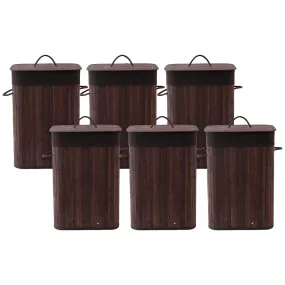 Kuber Industries Bamboo Basket With Lid|Foldable Laundry Basket For Clothes|Durable Rope Handles & Removable Bag|Pack Of 6|Dark Brown