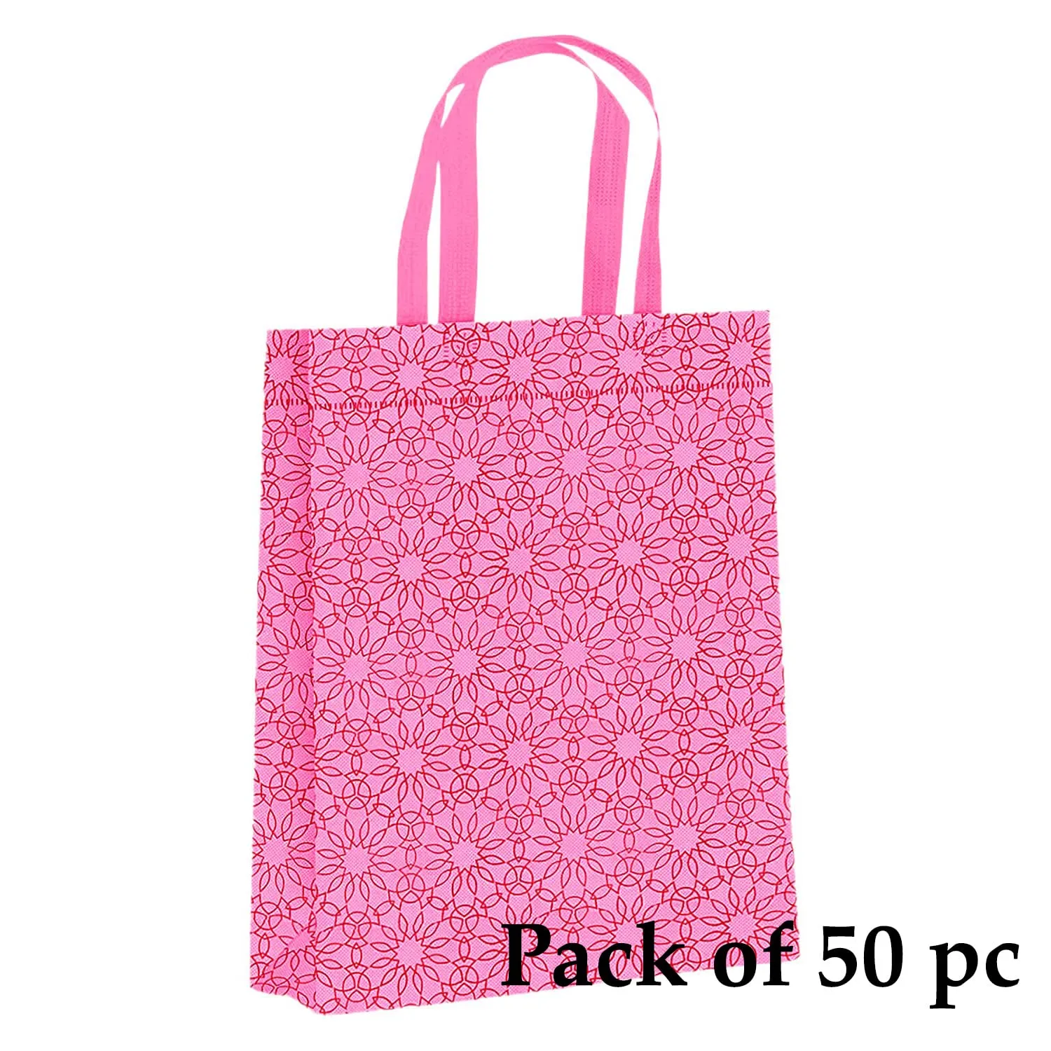 Kuber Industries Paper, Plastic Non Woven Gift Bag Tote/Carry Bags With Handles Party Favor Pack of 50- Flower(Pink) (F_26_KUBBMART016974)