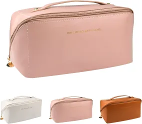 Large Capacity Travel Cosmetic Bag, PU Leather Toiletry Bags with Divider and Handle - Pink