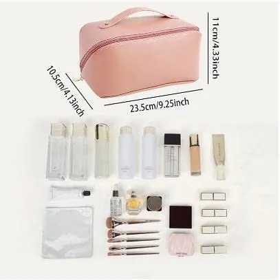 Large Capacity Travel Cosmetic Bag, PU Leather Toiletry Bags with Divider and Handle - Pink