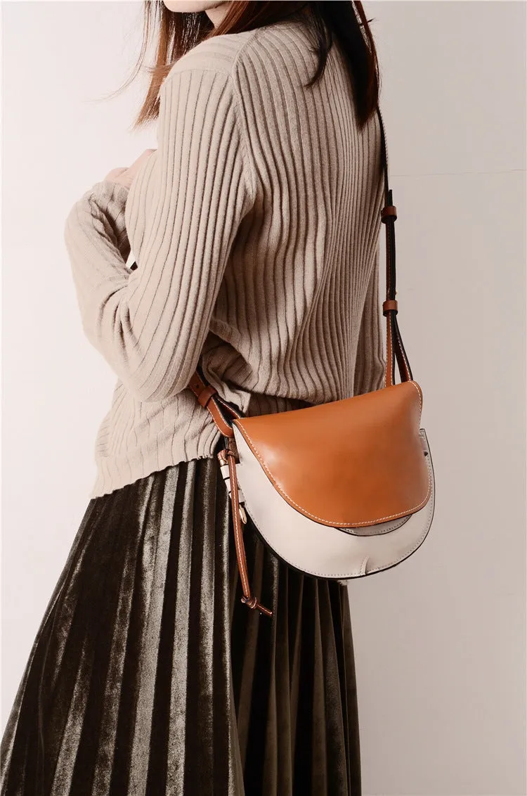 Leather Contrast Color Saddle bag Casual Shoulder Messenger Bags With Bow