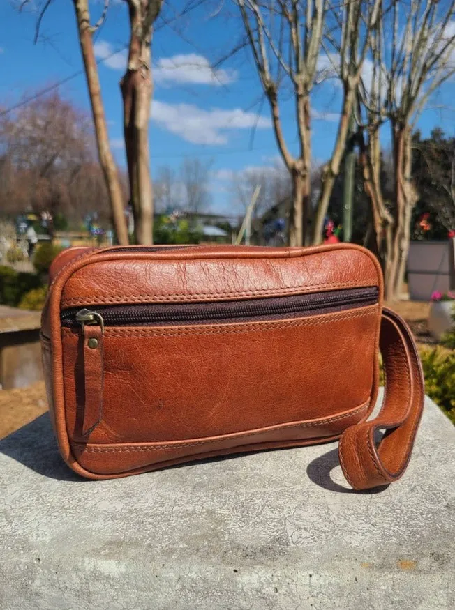 Leather Toiletry Bag - Travel Pouch -  Cognac Brown