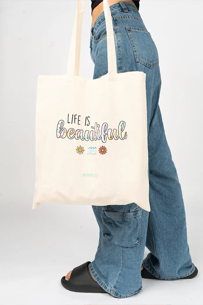 Life Is Beautiful Long Handle Natural Cotton Tote Bag