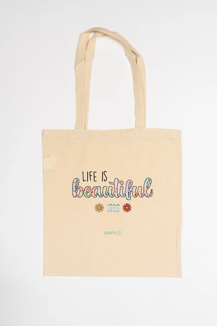 Life Is Beautiful Long Handle Natural Cotton Tote Bag