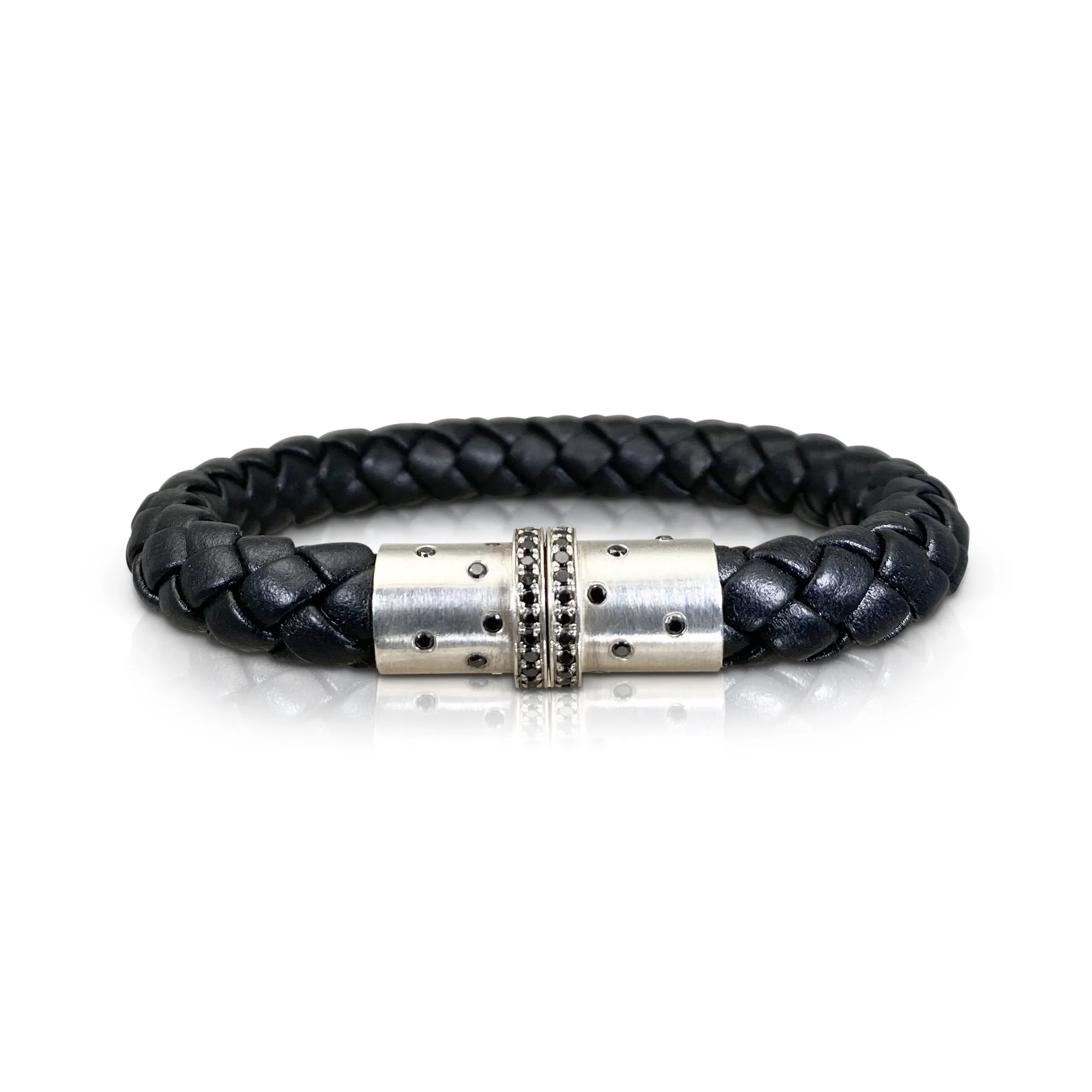 Magnet Leather Bracelet with Silver and Black Diamond Clasp