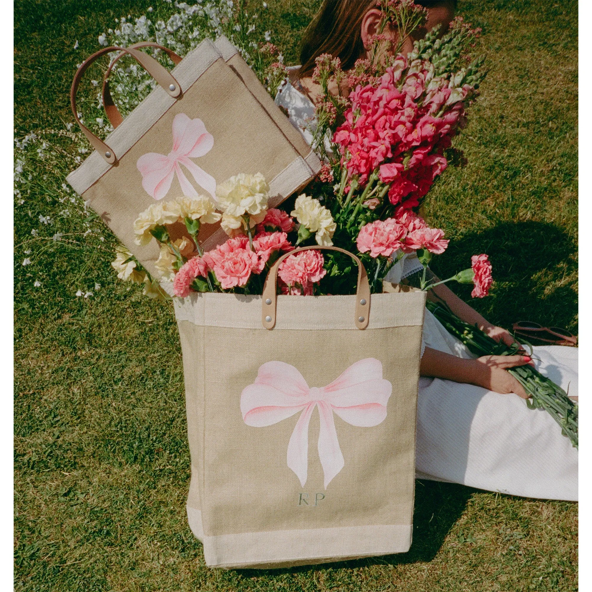 Market Bag in Natural with Powder Blue Bow by Amy Logsdon