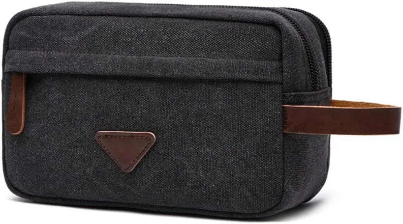 Men's Black Leather Waxed Canvas Style Toiletry Bag