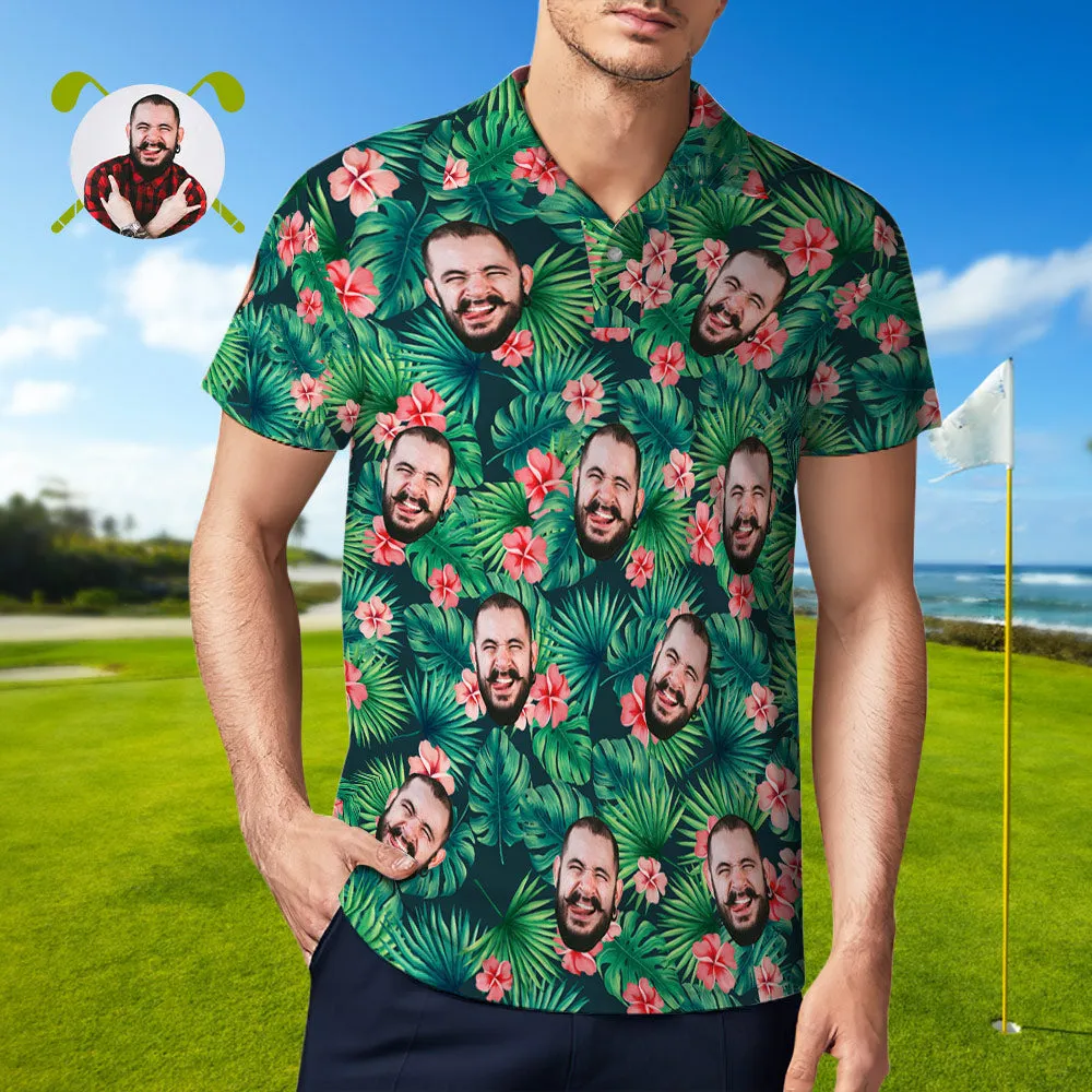 Men's Custom Face POLO Shirt Personalised Green Golf Shirts For Him Hawaiian Pink Flower