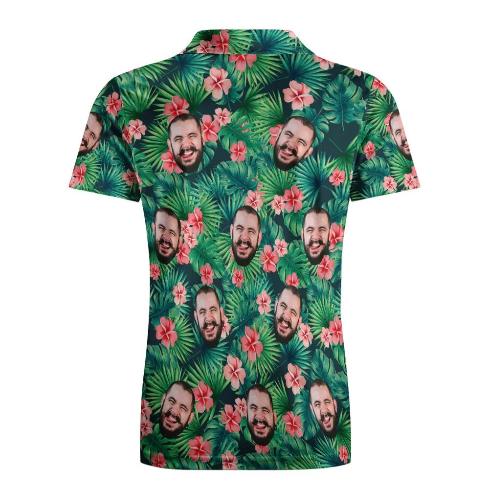 Men's Custom Face POLO Shirt Personalised Green Golf Shirts For Him Hawaiian Pink Flower