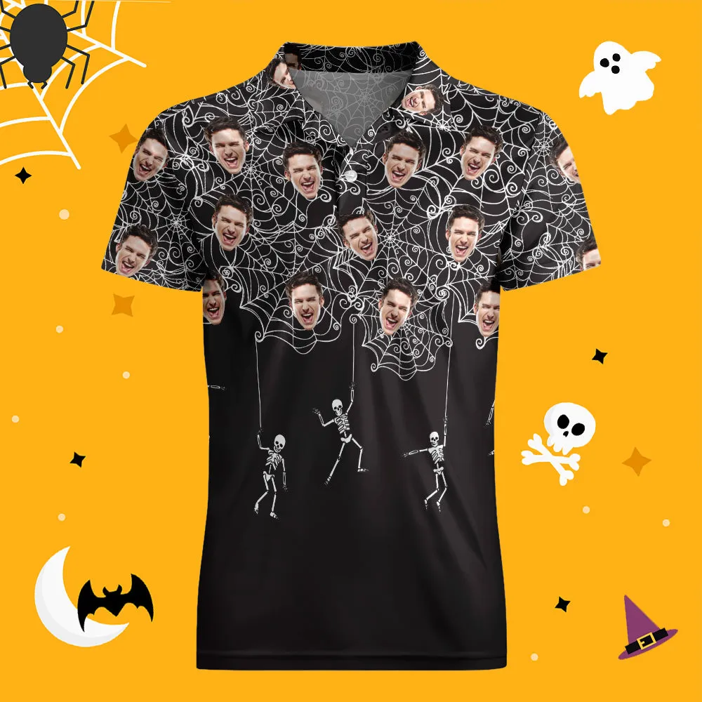 Men's Custom Funny Face Black Shirt Personalised Golf Shirts For Halloween Gift Spider Web