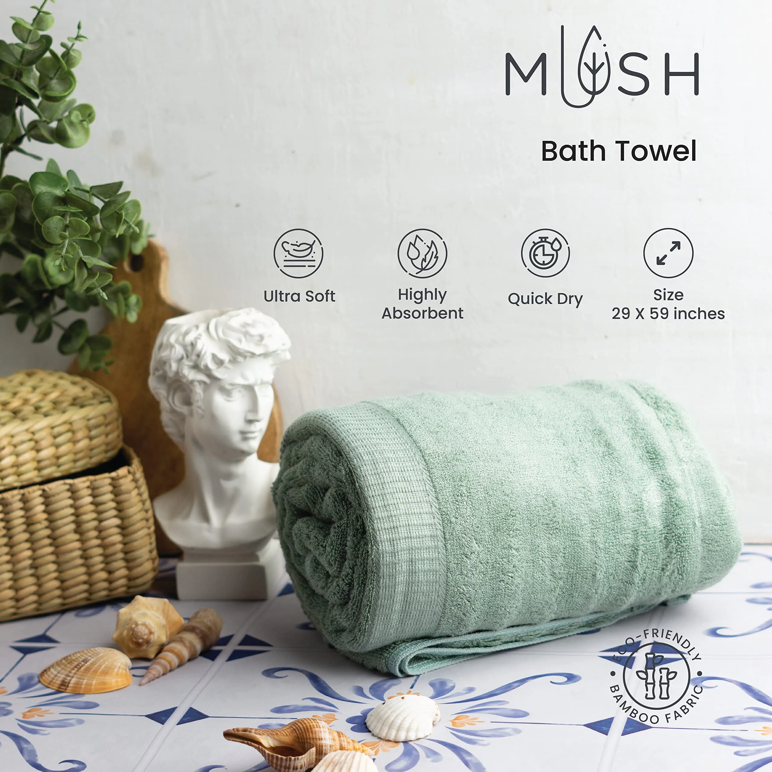 Mush 100% Bamboo 600 GSM Bath Towel |Ultra Soft, Absorbent & Quick Dry Towel for Bath |Towel Set of 4 | Solid | Couple Towel Set |Olive Green - Pink, Navy Blue & Sky| 29 x 59 Inches