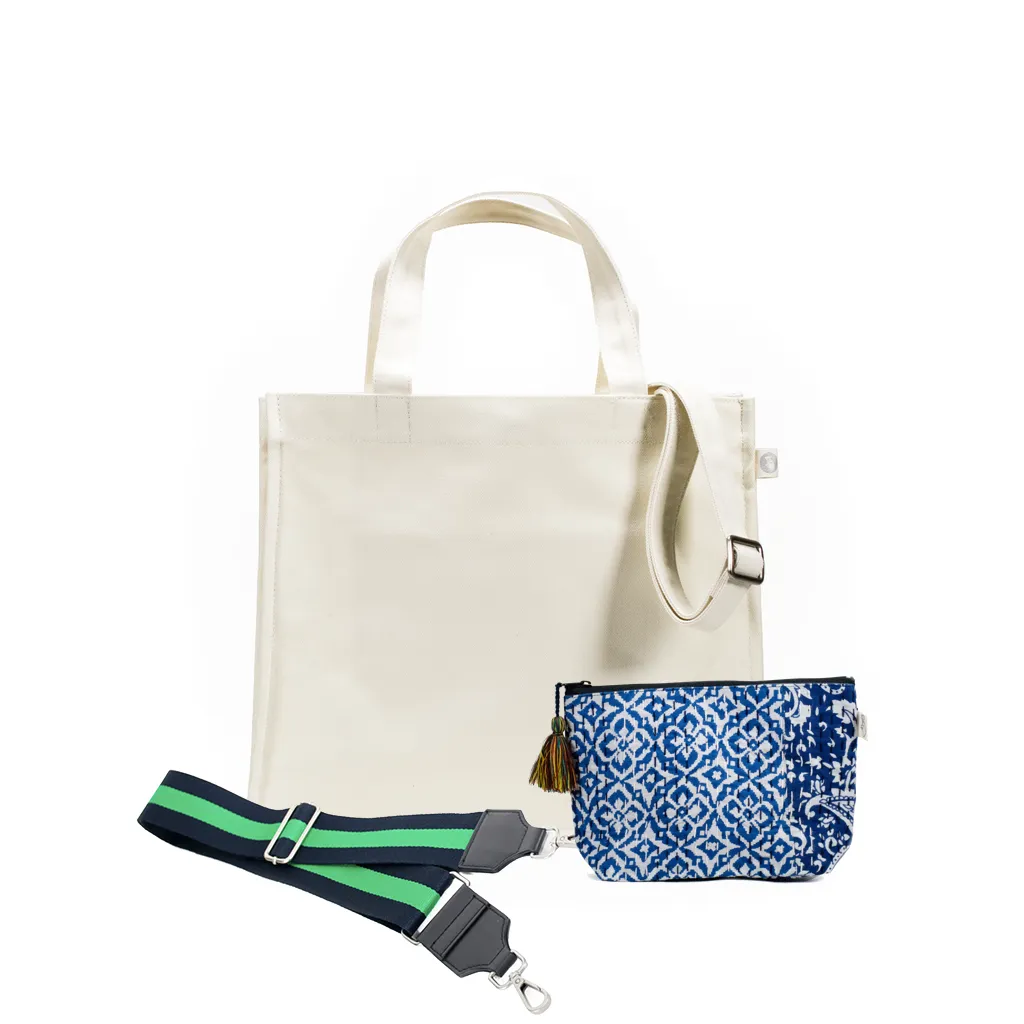 Natural Magazine Bag with Navy/Green Strap & Boho Makeup Bag Just $60 with code AUGUST