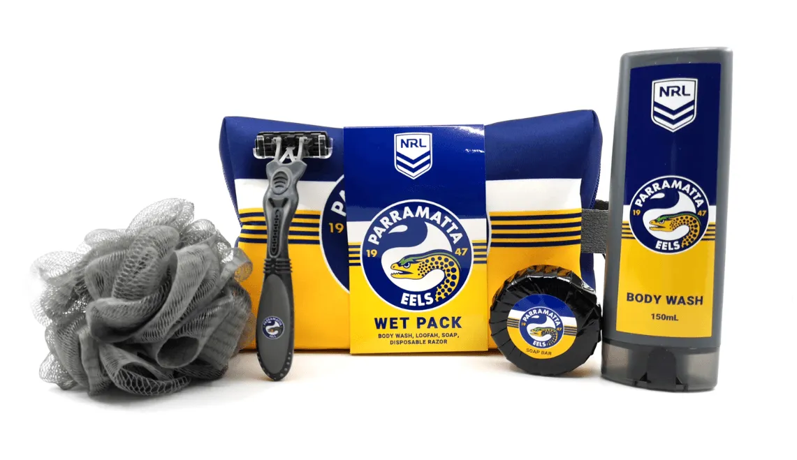 NRL Toiletry Gift Set - Parramatta Eels - Bag Body Wash Razor Soap Loofah