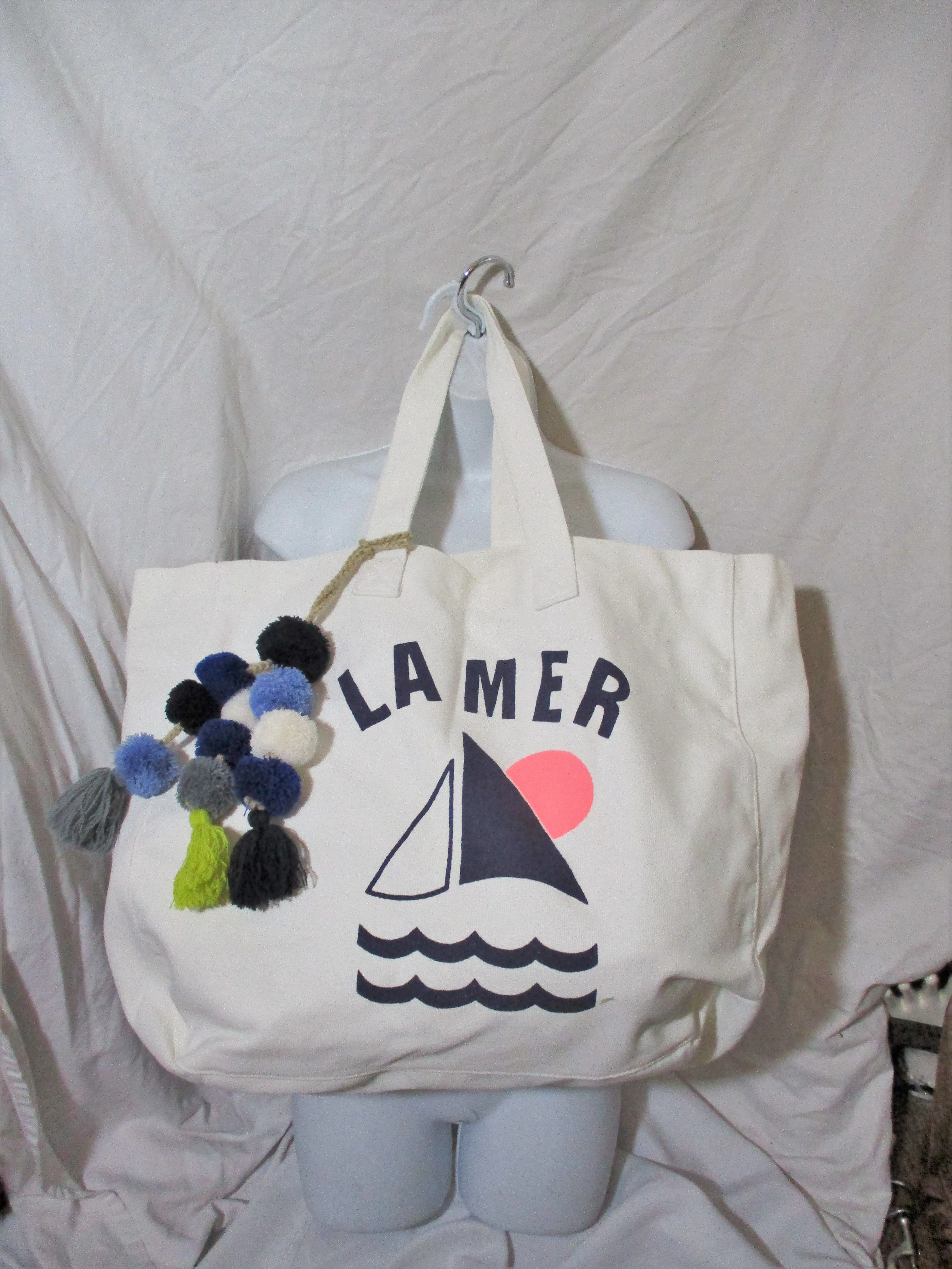 NWT SUNDRY LA MER SAILBOAT BEACH Book Bag Canvas Tote WHITE Pom Pom