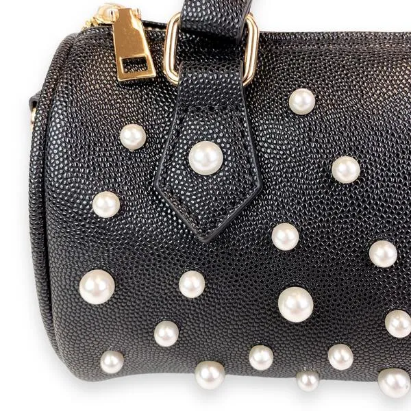 Pearl Studs Black Leather Barrel Bag