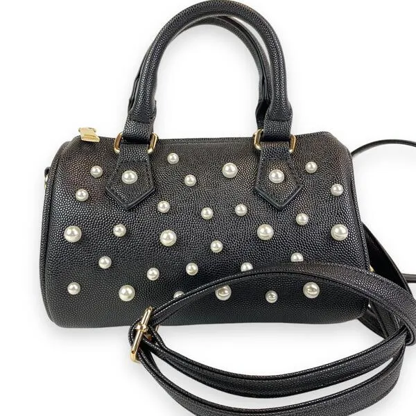 Pearl Studs Black Leather Barrel Bag