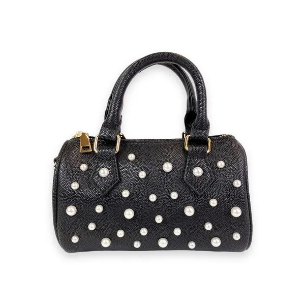 Pearl Studs Black Leather Barrel Bag