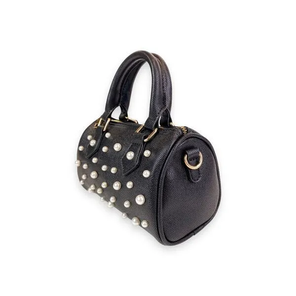 Pearl Studs Black Leather Barrel Bag