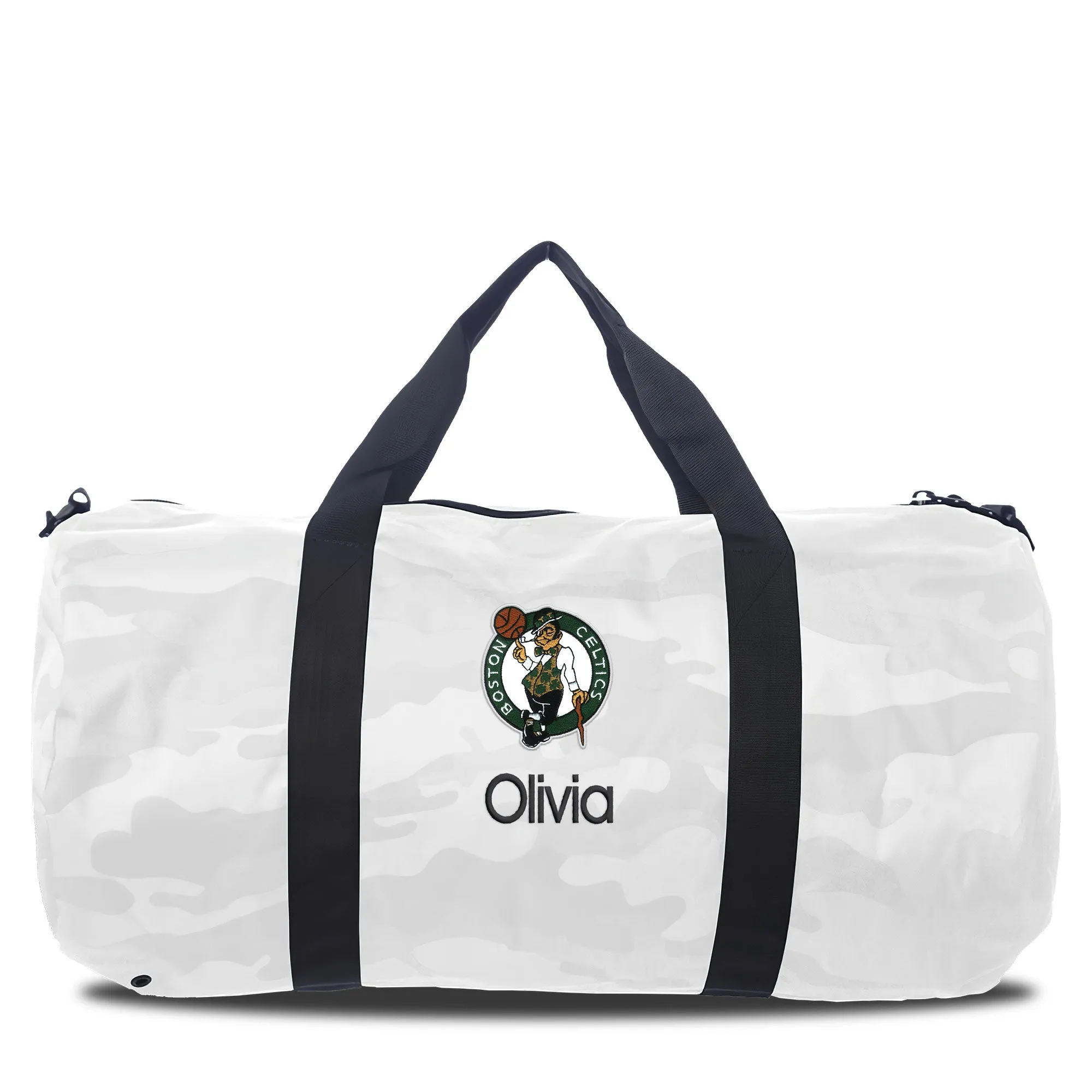 Personalized Boston Celtics White Camo Duffel Bag