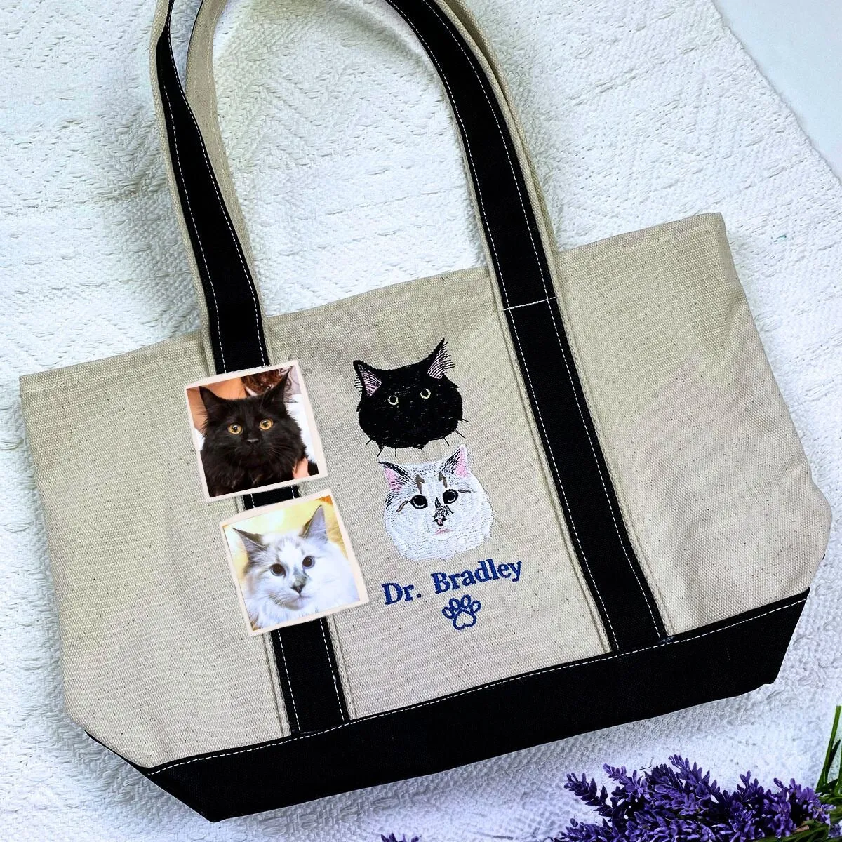 Personalized Cat Tote Bag with Custom Embroidered Photo - Unique Cat Mom Gift Idea