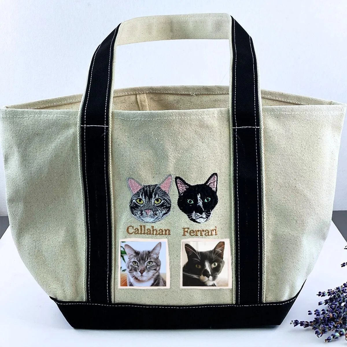 Personalized Cat Tote Bag with Custom Embroidered Photo - Unique Cat Mom Gift Idea