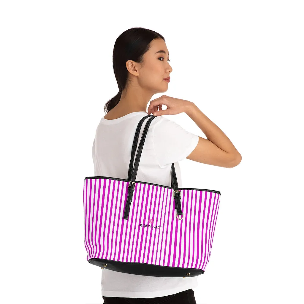 Pink Striped Print Tote Bag, Best Designer PU Leather Shoulder Hand Work Bag 17"x11"/ 16"x10"