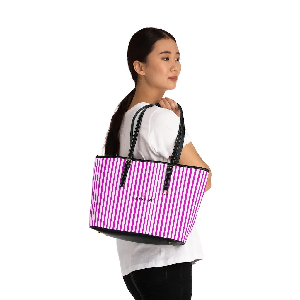 Pink Striped Print Tote Bag, Best Designer PU Leather Shoulder Hand Work Bag 17"x11"/ 16"x10"